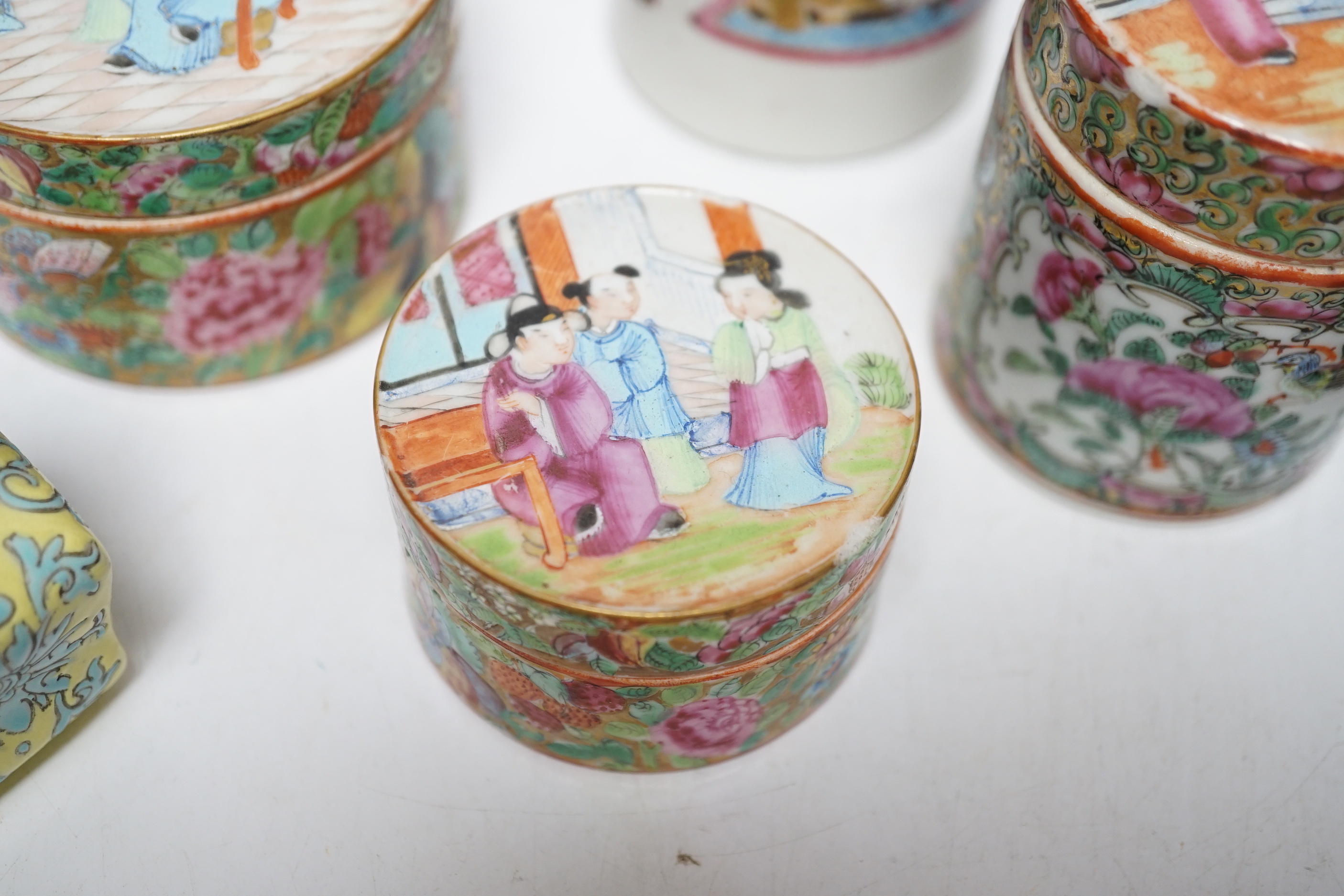 Seven 19th/20th century Chinese enamelled porcelain vases, boxes or jars